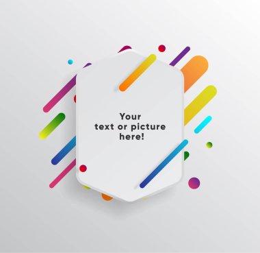 Kağıt kartlı vektör arkaplan ve soyut renkli şekiller. Modern malzeme tasarım tarzında modaya uygun neon çizgiler ve daireler..