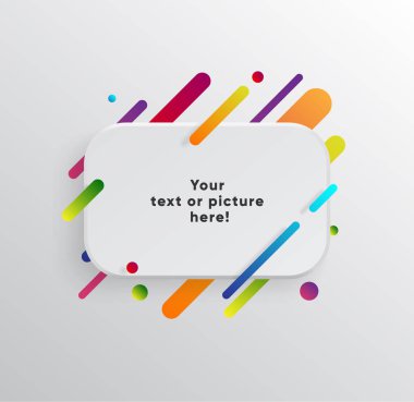 Kağıt kartlı vektör arkaplan ve soyut renkli şekiller. Modern malzeme tasarım tarzında modaya uygun neon çizgiler ve daireler..