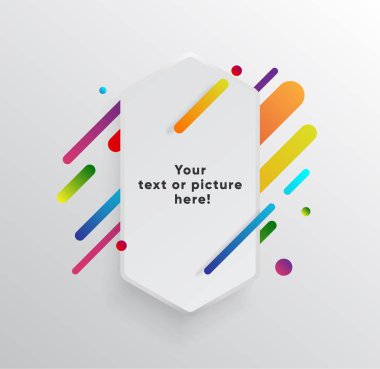 Kağıt kartlı vektör arkaplan ve soyut renkli şekiller. Modern malzeme tasarım tarzında modaya uygun neon çizgiler ve daireler..