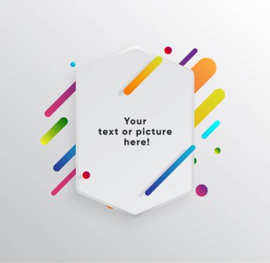 Kağıt kartlı vektör arkaplan ve soyut renkli şekiller. Modern malzeme tasarım tarzında modaya uygun neon çizgiler ve daireler..