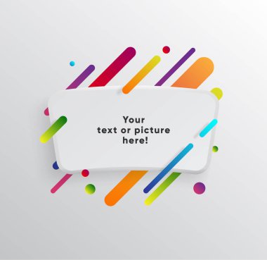 Kağıt kartlı vektör arkaplan ve soyut renkli şekiller. Modern malzeme tasarım tarzında modaya uygun neon çizgiler ve daireler..