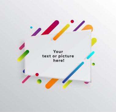 Kağıt kartlı vektör arkaplan ve soyut renkli şekiller. Modern malzeme tasarım tarzında modaya uygun neon çizgiler ve daireler..