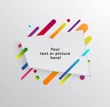 Kağıt kartlı vektör arkaplan ve soyut renkli şekiller. Modern malzeme tasarım tarzında modaya uygun neon çizgiler ve daireler..