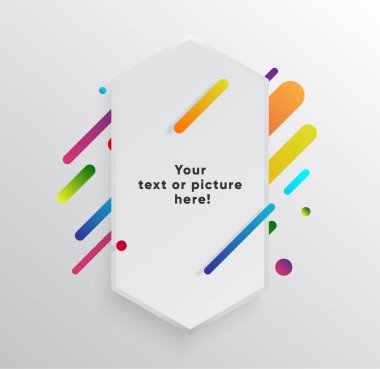 Kağıt kartlı vektör arkaplan ve soyut renkli şekiller. Modern malzeme tasarım tarzında modaya uygun neon çizgiler ve daireler..