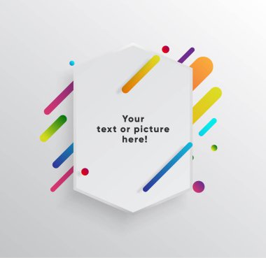 Kağıt kartlı vektör arkaplan ve soyut renkli şekiller. Modern malzeme tasarım tarzında modaya uygun neon çizgiler ve daireler..