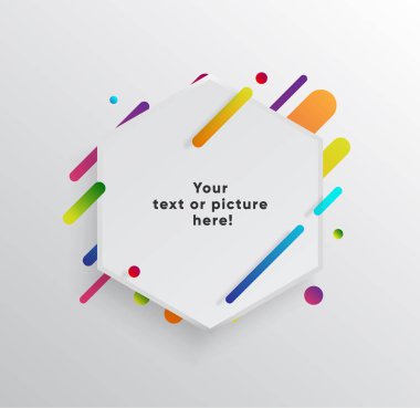 Kağıt kartlı vektör arkaplan ve soyut renkli şekiller. Modern malzeme tasarım tarzında modaya uygun neon çizgiler ve daireler..