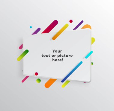 Kağıt kartlı vektör arkaplan ve soyut renkli şekiller. Modern malzeme tasarım tarzında modaya uygun neon çizgiler ve daireler..