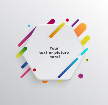 Kağıt kartlı vektör arkaplan ve soyut renkli şekiller. Modern malzeme tasarım tarzında modaya uygun neon çizgiler ve daireler..