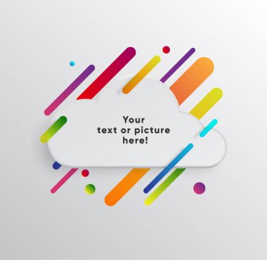 Kağıt kartlı vektör arkaplan ve soyut renkli şekiller. Modern malzeme tasarım tarzında modaya uygun neon çizgiler ve daireler..