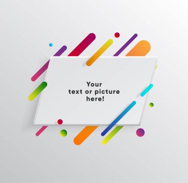 Kağıt kartlı vektör arkaplan ve soyut renkli şekiller. Modern malzeme tasarım tarzında modaya uygun neon çizgiler ve daireler..