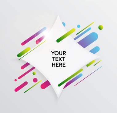 Kağıt kartlı vektör arkaplan ve soyut renkli şekiller. Modern malzeme tasarım tarzında modaya uygun neon çizgiler ve daireler..