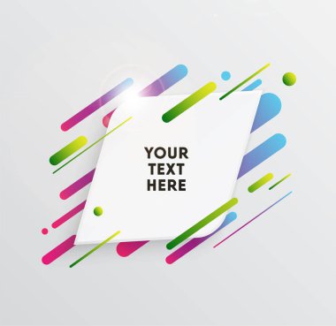 Kağıt kartlı vektör arkaplan ve soyut renkli şekiller. Modern malzeme tasarım tarzında modaya uygun neon çizgiler ve daireler..