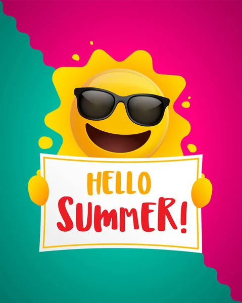 Hello Summer Summer Sun Holding Sign — Stock Vector