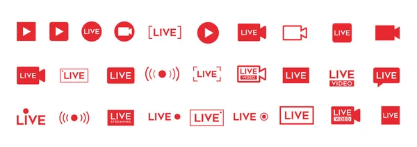 Live Video Icon Set Red Broadcast Buttons — Stock vektor