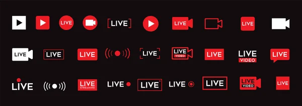 Live Video Icon Set Red Broadcast Buttons — Stock Vector