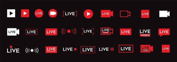 LIVE video icon set. Red broadcast buttons.