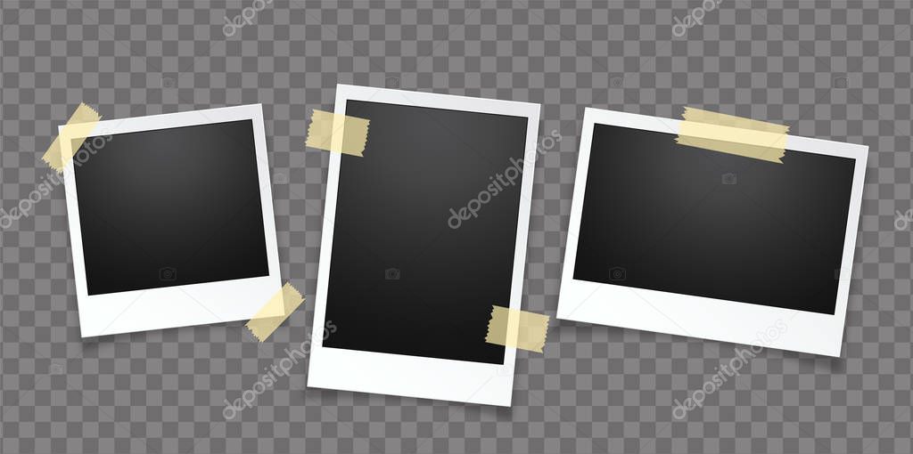 Photo frame fixed with adhesive tape on a transparent background. Photo frame on sticky tape, isolated.