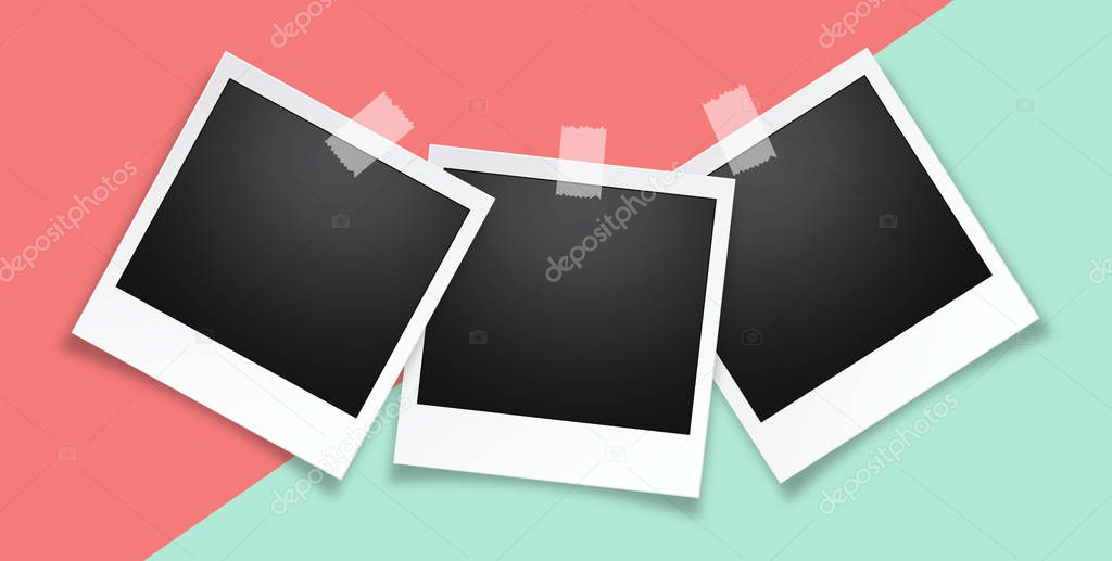 Blank realistic vector photo frame, isolated on trendy colorful background.
