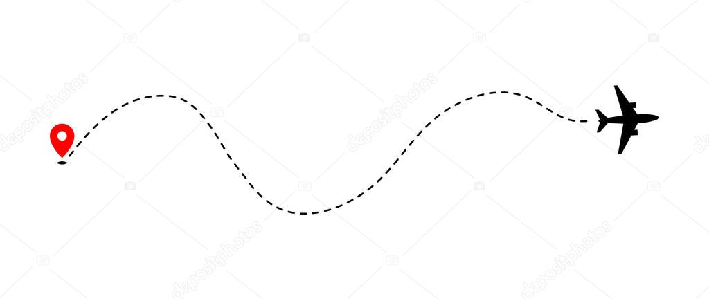 Airplane track to point with dashed line way on white background