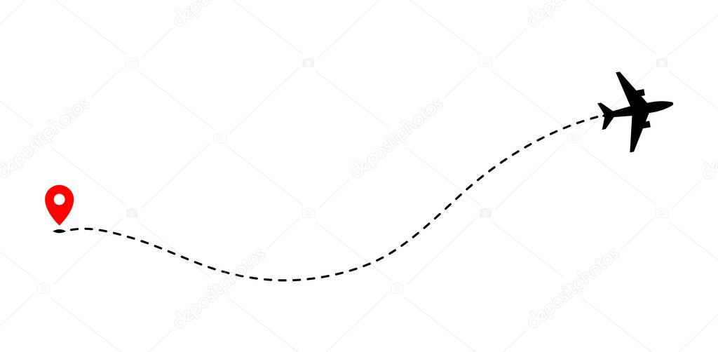 Airplane track to point with dashed line way on white background