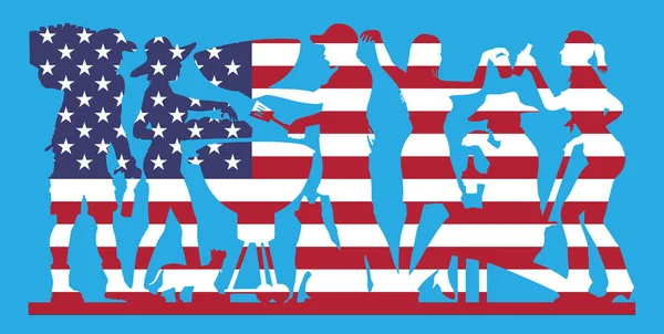 アメリカの国旗とバーベキュー パーティー シルエット — ストックベクタ