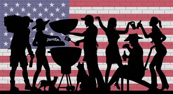 BBQ Party Silhouette na frente da parede de tijolo com bandeira dos EUA — Vetor de Stock