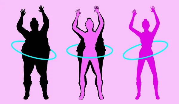 脂肪和苗条的女人剪影运动与呼啦圈 — 图库矢量图片