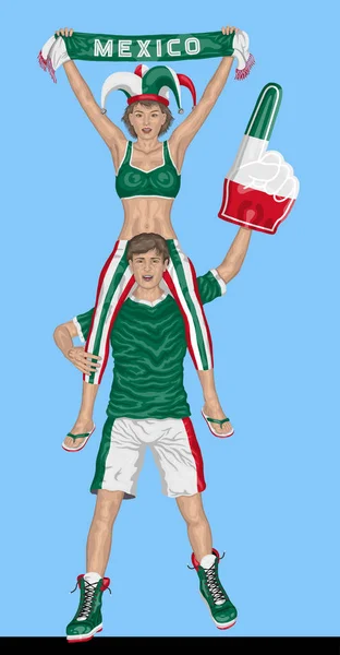 Les fans mexicains soutiennent l'équipe du Mexique avec écharpe et doigt de mousse — Image vectorielle