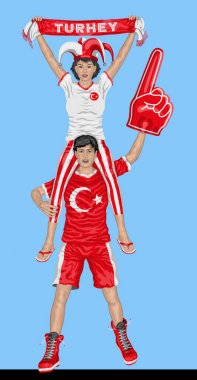Turkish Fans Supporting Turkey Team with Scarf and Foam Finger clipart