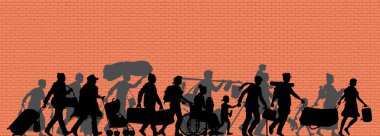 Walking immigrants silhouette in front of brick wall clipart
