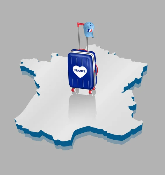 Boyutlu Fransa Haritası Üzerinde Fransız Şapkası Olan Tekerlekli Çanta Tüm — Stok Vektör