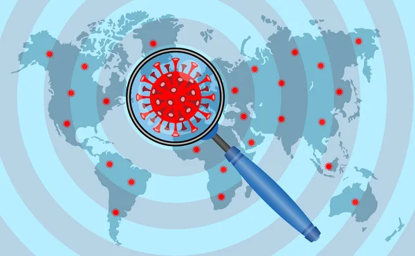 世界地図上のコロナウイルスと拡大鏡のアイコン すべてのオブジェクト 背景は異なるレイヤーにあります — ストックベクタ