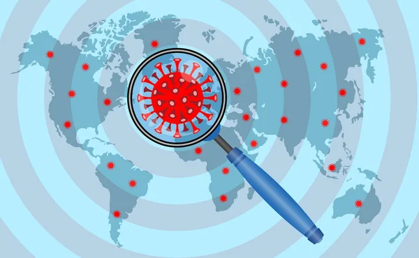 Вірус Корони Ікона Збільшувача Карті Світу Всі Єкти Тіні Фон Векторна Графіка