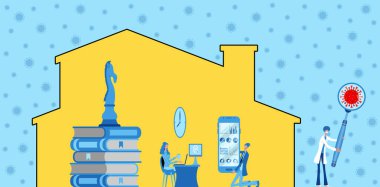 Personel, Corona karantinası yüzünden evde çalışıyor. Tüm nesneler, gölgeler ve arkaplan farklı katmanlarda.. 