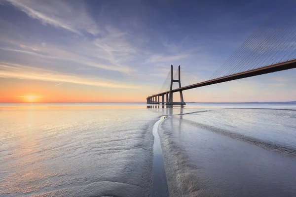Vasco Gama Bridge Landscape Sunrise One Longest Bridges World Lisbon — Stock Photo, Image
