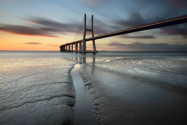 Vasco Gama Puente Paisaje Amanecer Uno Los Puentes Más Largos — Foto de Stock