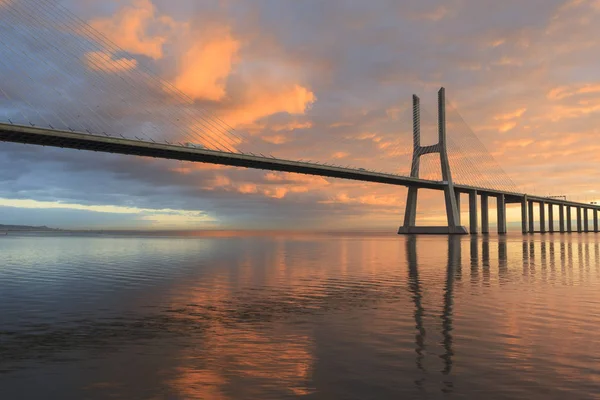 Vasco Gama Bridge Landscape Sunrise One Longest Bridges World Lisbon — Stock Photo, Image