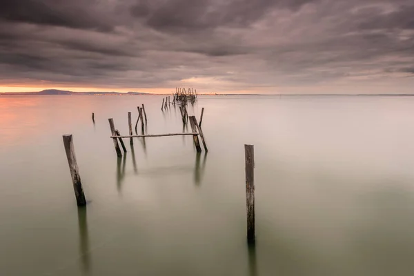 Sunset Landscape Artisanal Fishing Boats Old Wooden Pier Carrasqueira Tourist — Stock Photo, Image