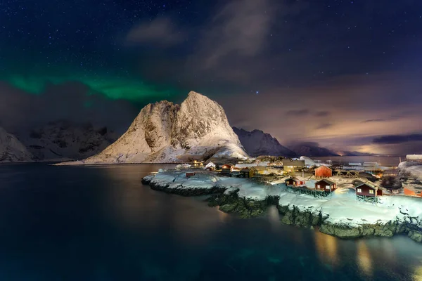Belle Aurore Boreali Hamnoy Lofoten Island Norvegia Aurora Boreale Sopra — Foto Stock
