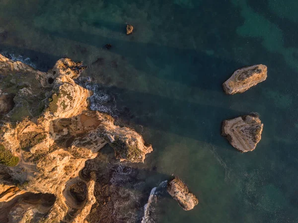Algarve Antenn Drönare Panoramautsikt Fantastiskt Landskap Vid Soluppgången Vacker Strand — Stockfoto