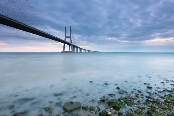 Vasco Gama Bridge Landscape Sunrise One Longest Bridges World Lisbon — Stock Photo, Image