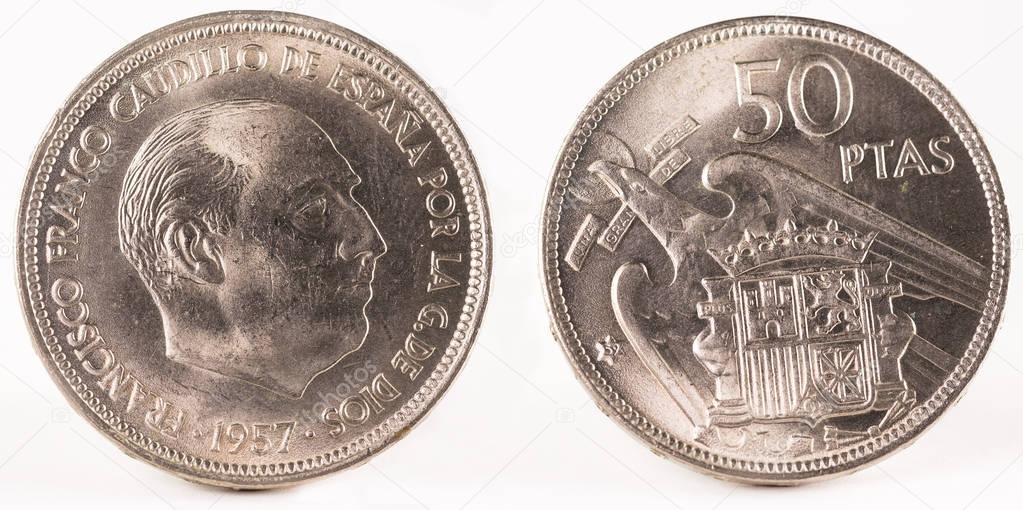 Old Spanish coin of 50 pesetas