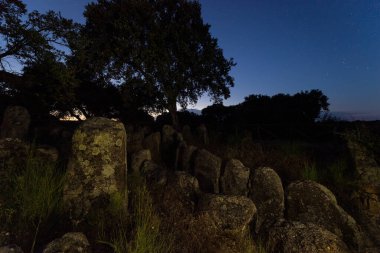 Antik Tarih öncesi dolmen ile alacakaranlıkta manzara. Gran Dolmen Montehermoso içinde. Extremadura İspanya.