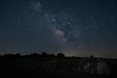 Samanyolu ile birlikte Malpartida de Caceres yakınlarında gece manzarası. Extremadura. İspanya.