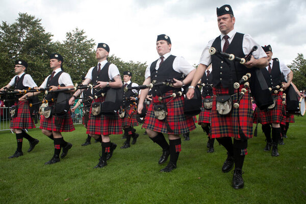Elgin & District Pipe Band during the 2016 World Pipe Band Championships. The championships took place over two days on 12 and 13 August on Glasgow Green Scotland.