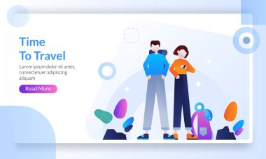 Seyahat konsepti, dünya seyahati, tatil pankartıyla seyahat eden erkek turistler, pankart, broşür, web, mobil uygulama, poster için iniş sayfası şablonu