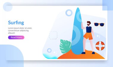 Sahilde sörf tahtası olan bir adam, okyanusta bir dalgaya biniyor, yaz tatili, boş zaman, pankart, broşür, web, mobil uygulama, poster için iniş sayfası şablonu