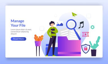 Dosya kavramlarını yönet, insanlar medya dosyaları ile dizinleri düzenler, dijital bilgileri saklar, afiş, el ilanı, ui, web, mobil uygulama, poster için iniş sayfası şablonu