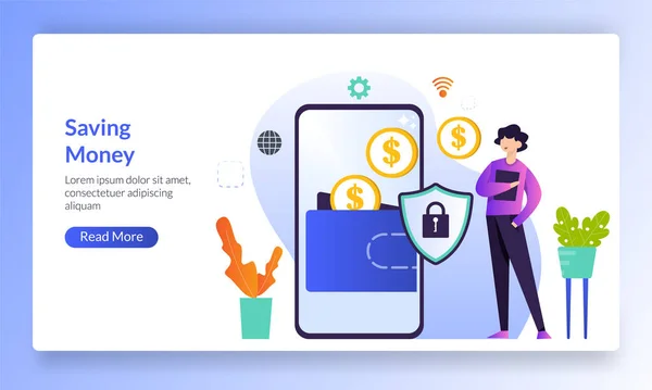 Geld Besparen Wallet Concept Financiële Besparingen Overdracht Online Betaling Landing — Stockvector