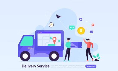 Hızlı teslimat servisi, sipariş izleme, ücretsiz sevkiyat küresel lojistik, afiş, el ilanı, ui, web, mobil uygulama için iniş sayfası şablonu, poster